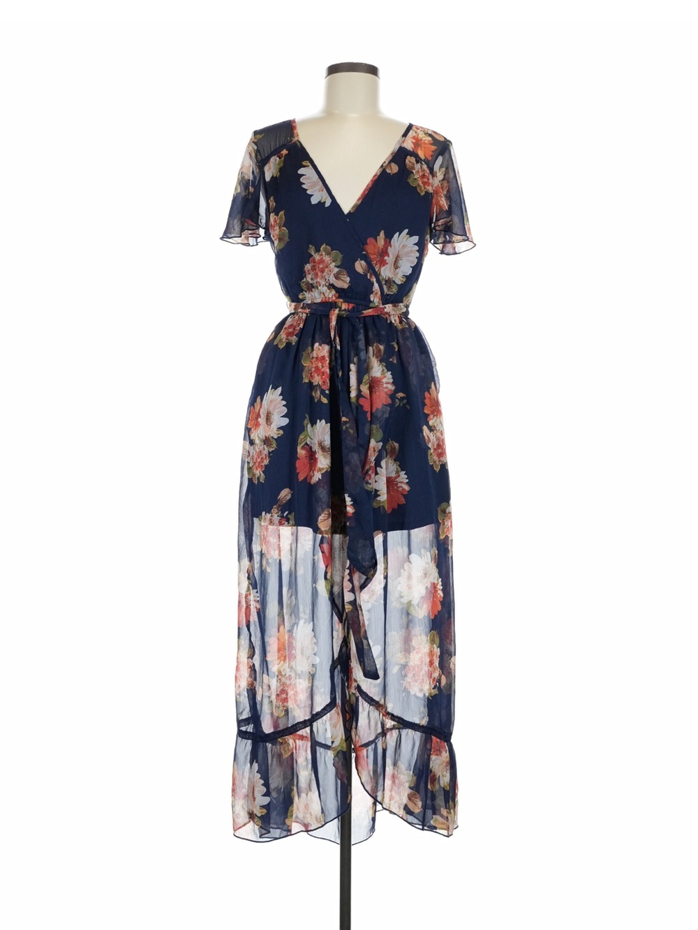 Band of Gypsies Navy Floral Chiffon Wrap Maxi Dress Sz M